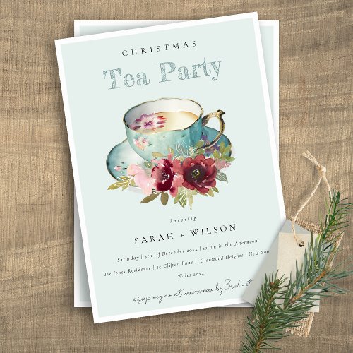 Teal Gold Floral Teacup Christmas Tea Party Invitation