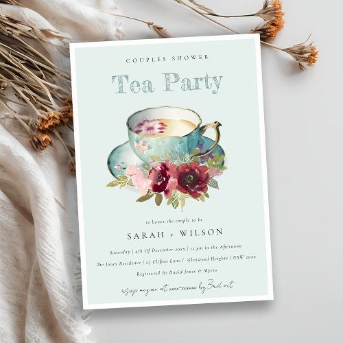 Teal Gold Floral Teacup Couples Shower Tea Party Invitation