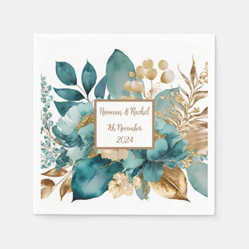 Teal  Gold Floral Wedding Napkins