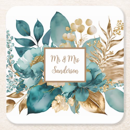 Teal  Gold Floral Wedding Square Paper Coaster