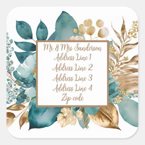 Teal  Gold Floral Wedding Square Sticker