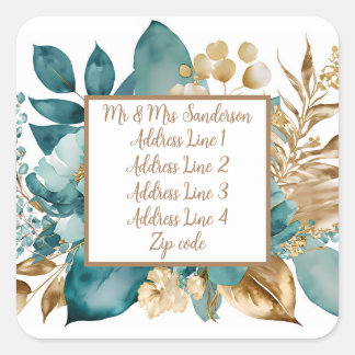 Teal & Gold Floral Wedding Square Sticker