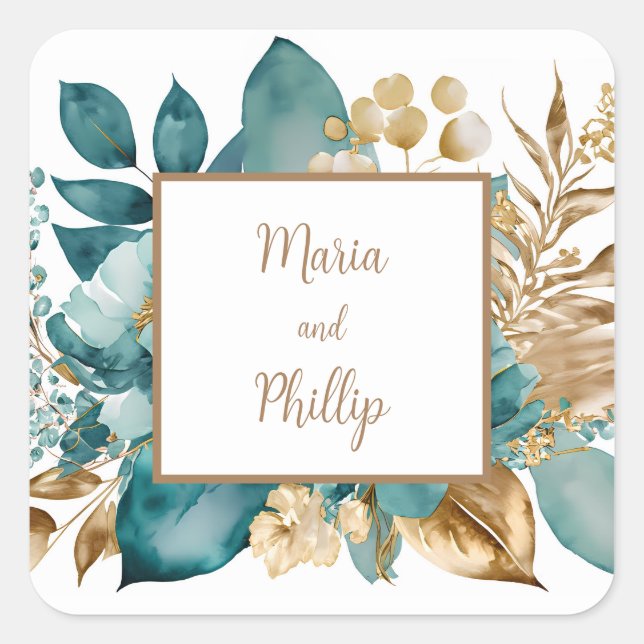 Teal & Gold Floral Wedding Square Sticker (Front)