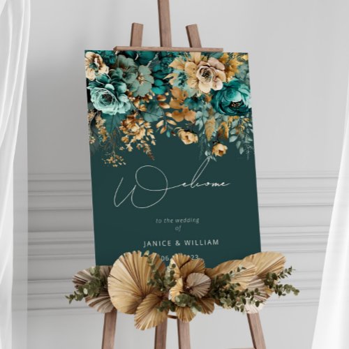 Teal Gold Floral Wedding Welcome Sign