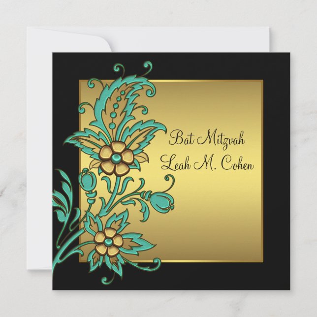 Teal Gold Flowers Black Gold Bat Mitzvah Invitation (Front)