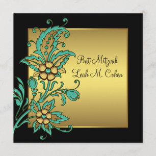 Teal Gold Flowers Black Gold Bat Mitzvah Invitation