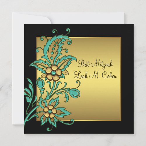 Teal Gold Flowers Black Gold Bat Mitzvah Custom Invite