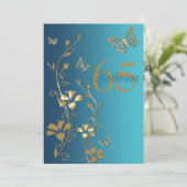 Teal, Gold Flowers & Butterflies 65th Invitation (Standing Front)