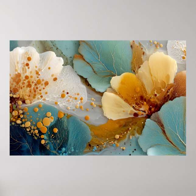 Teal Gold Fluid Art Abstract Poster (Front)