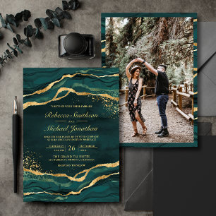 Teal Gold Fluid Ink Photo Wedding Invitation