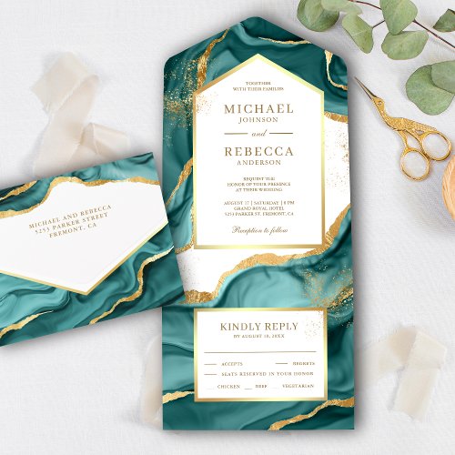 Teal Gold Foil Abstract Fluid Ink Wedding All In One Invitation