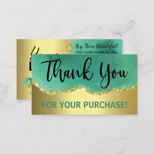 Teal Gold Foil Glitter Agate Thank You Order Business Card
