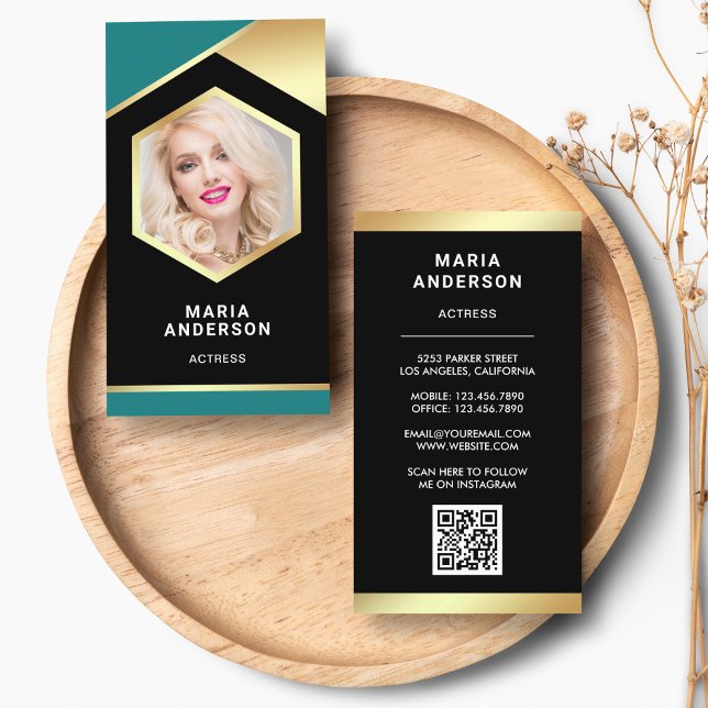 Teal Gold Foil Model Actress QR Code Photo Business Card (Creator Uploaded)
