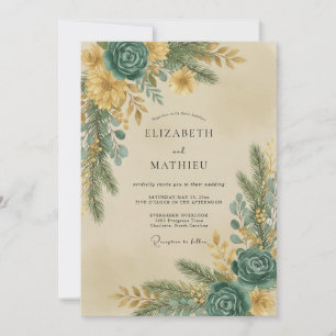 Teal Gold Foliage Grey Eucalyptus Wedding Invitation
