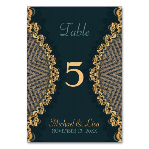 Teal Gold Fractal Lace Unique 2_in_1 Guest Menu  Table Number