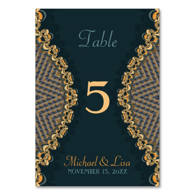 Teal Gold Fractal Lace Unique 2-in-1 Guest Menu  Table Number (Front)