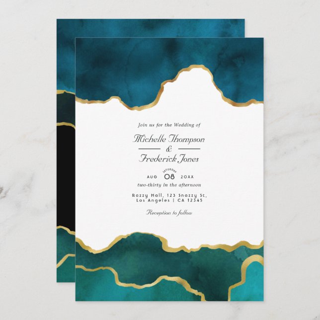 Teal & Gold Geode Agate Stone QR Code RSVP Wedding Invitation (Front/Back)