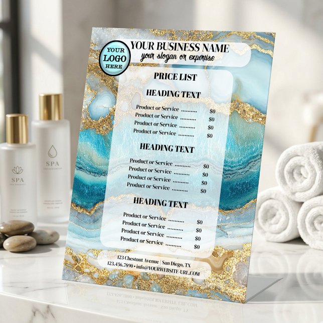 Teal Gold Geode Marble Price List Pedestal Sign (Professional price list pedestal sign featuring a teal marble geode with gold glitter veins)