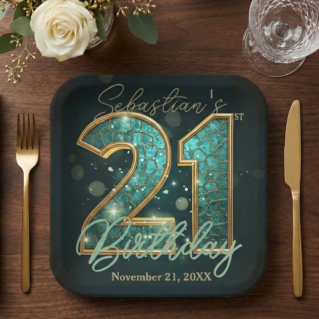 Teal Gold Geometric Mosaic 21st Birthday Party Paper Plates (Creator Uploaded)