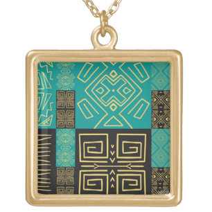 Teal Gold Geometric Tribal Pattern Necklace