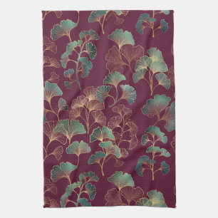 Teal & Gold Ginkgo Leaves on Burgundy Kitchen Towel
