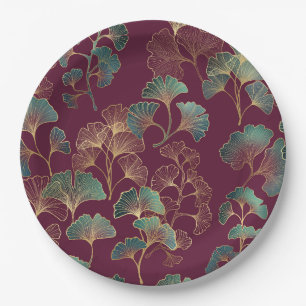 Teal & Gold Ginkgo Leaves on Burgundy Paper Plates