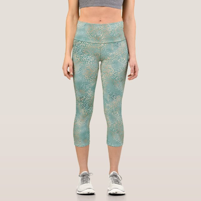 Teal Gold Glam Leopard Print Capri Leggings (Front)