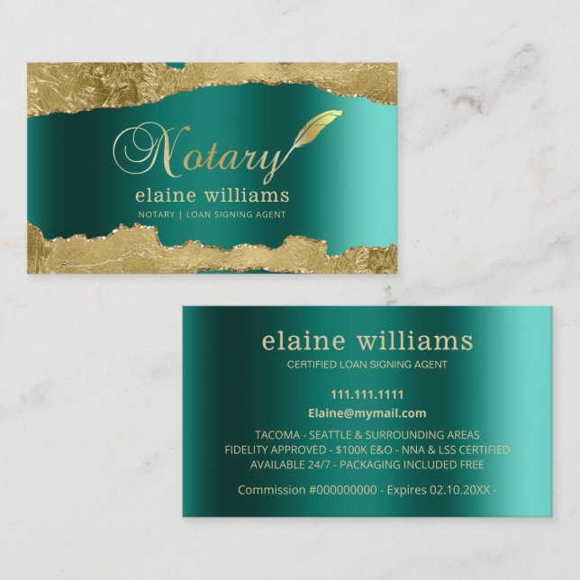 Teal Gold Glam Notary Loan Signing Agent  Business Card (Front/Back)