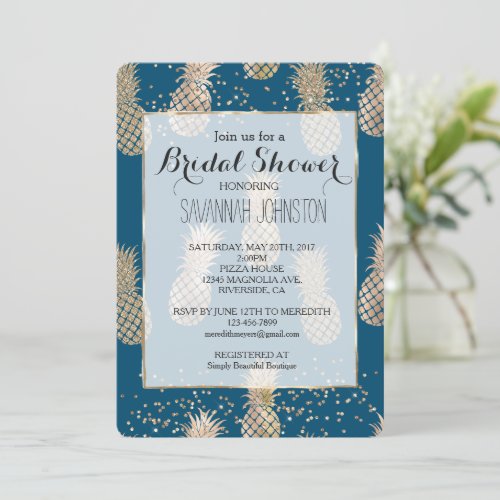 Teal Gold Glam Tropical Pineapples Bridal shower Invitation