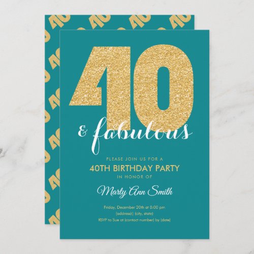 Teal Gold Glitter 40  Fabulous Birthday Party Invitation