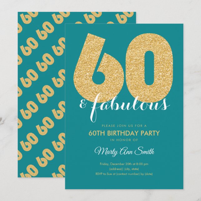 Teal Gold Glitter 60 & Fabulous Birthday Party Invitation (Front/Back)