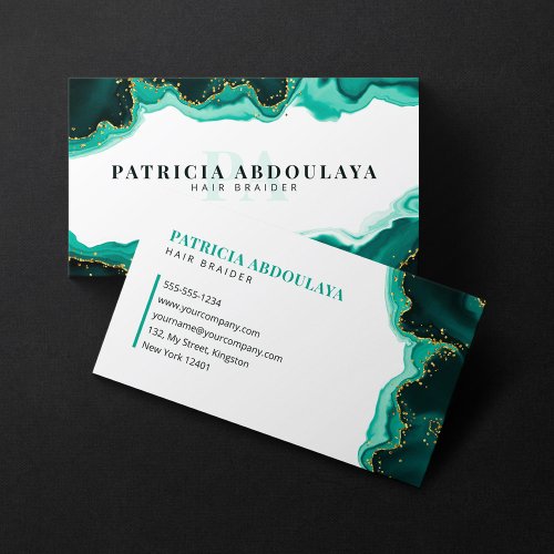 Teal Gold Glitter Agate Braid Stylist Initial Logo Business Card