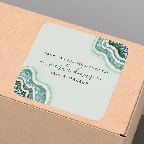 Teal Gold Glitter Agate Geode Business Thank You Square Sticker