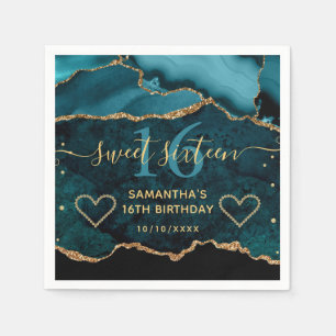 Teal Gold Glitter Agate Marble Sweet Sixteen Napkins