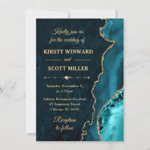 Teal Gold Glitter Agate Marble Wedding Invitation