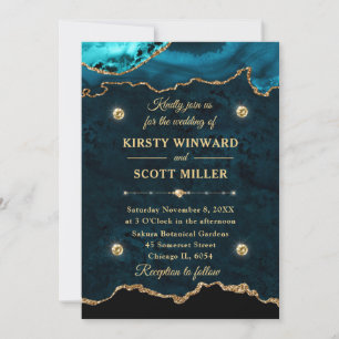 Teal Gold Glitter Agate Marble Wedding Invitation