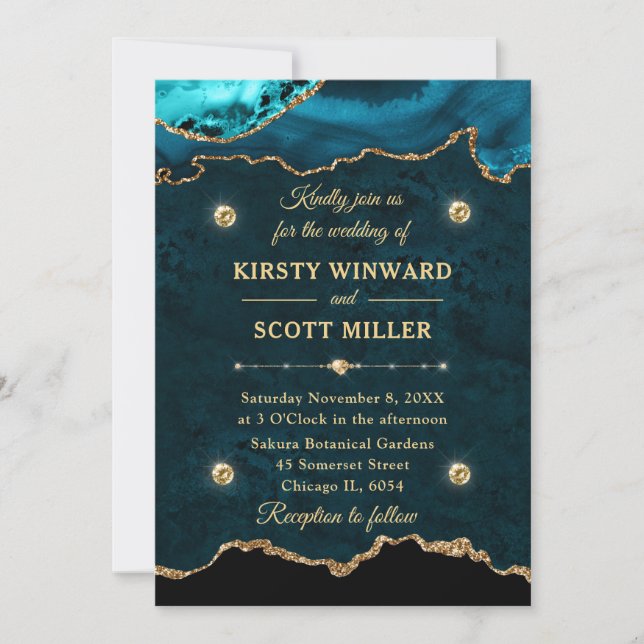 Teal Gold Glitter Agate Marble Wedding Invitation (Front)