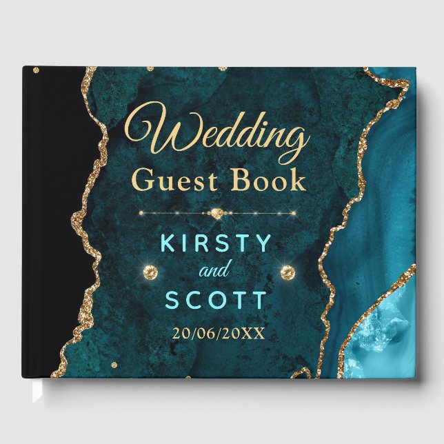 Teal & Gold Glitter Agate Wedding Guest Book (Front)