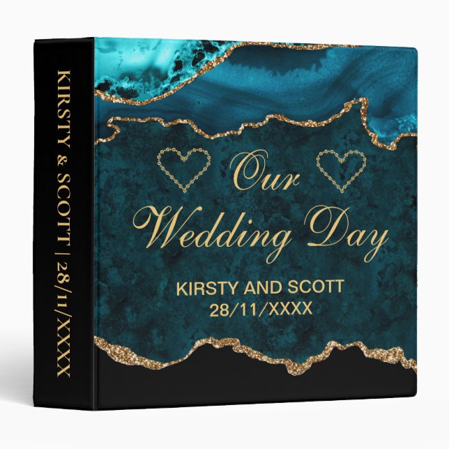 Teal & Gold Glitter Agate Wedding Photo Album 3 Ring Binder (Front/Spine)