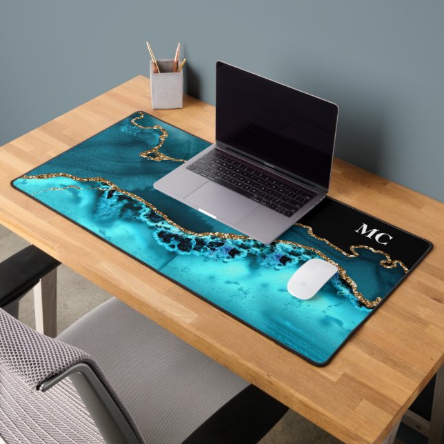 Teal & Gold Glitter Agate With Monogram Desk Mat (Office 2)