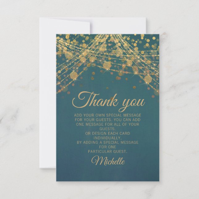 Teal Gold Glitter Bokeh Birthday Party Thank You Card (Front)