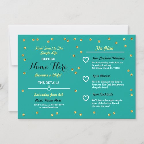 Teal Gold Glitter Bridal Shower Itinerary Invite