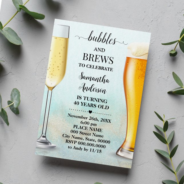 Teal Gold Glitter Bubbles & Brews Adults Birthday Invitation (Creator Uploaded)