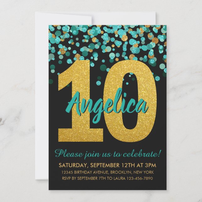 Teal Gold Glitter Confetti Black 10th Birthday Invitation (Front)