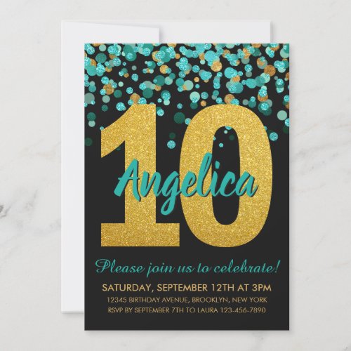Teal Gold Glitter Confetti Black 10th Birthday Invitation