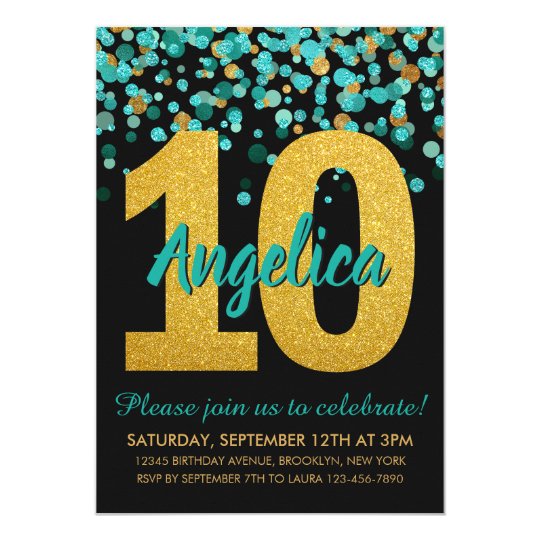 Teal Gold Glitter Confetti Black 10th Birthday Invitation | Zazzle.com