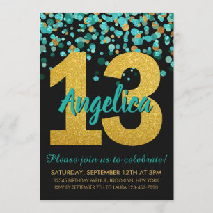 Teal Gold Glitter Confetti Black 13th Birthday Invitation