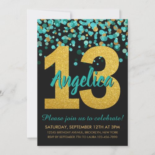 Teal Gold Glitter Confetti Black 13th Birthday Invitation