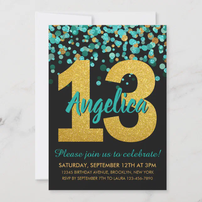 Teal Gold Glitter Confetti Black 13th Birthday Invitation 