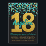 Teal Gold Glitter Confetti Black 18th Birthday Invitation<br><div class="desc">A cute and fun Teal Green Gold Glitter Black Confetti 18th Birthday Party Invitation</div>